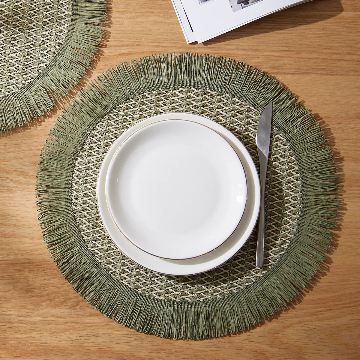 Braided Fringe Paper Table Mats Hand Woven Non-Slip Insulation Place Mats for Tea Cup Dining Table Decorations