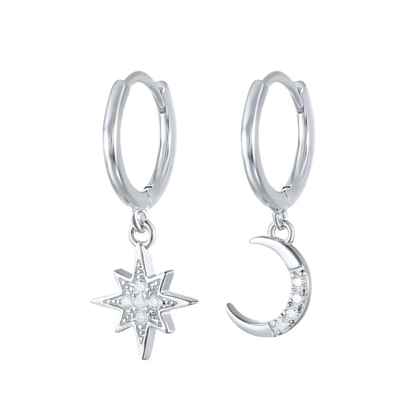 925 Sterling Silver Minimalist INS Inspired Hoop Earrings Gold Plated Moon and Star Fine Huggie Style Wedding Zircon Jewelry