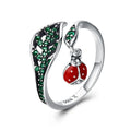 Factory 925 Sterling Silver Resting Ladybug Dangle in Tree Leaves Finger Rings for Women Sterling Silver Jewelry Gift SCR310