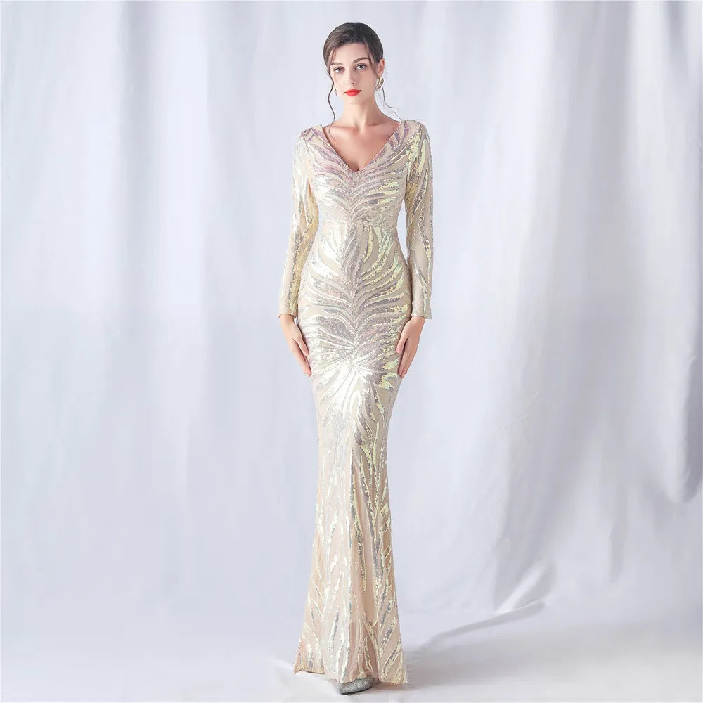 31556# Positioning Flower Cutting Process Magic Beads Annual Wedding Long Sleeve Evening Gown