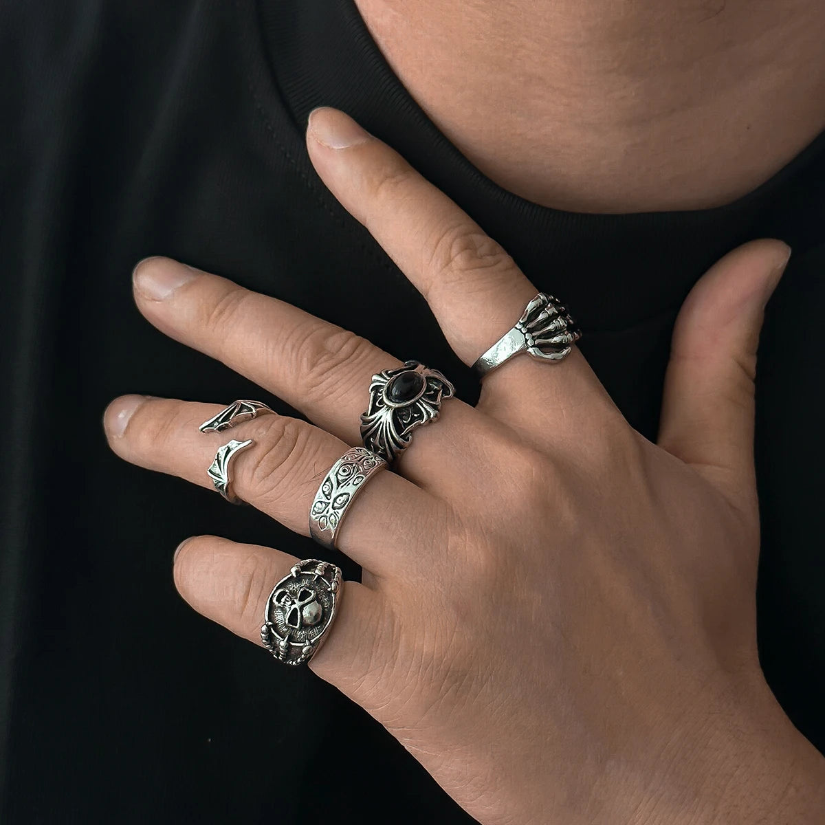 Gothic Darkness Scary Coffin/Bone Skull Rings Set for Male Punk Stackable Finger Rings on Hand Accessories Fashion Jewelry Gifts