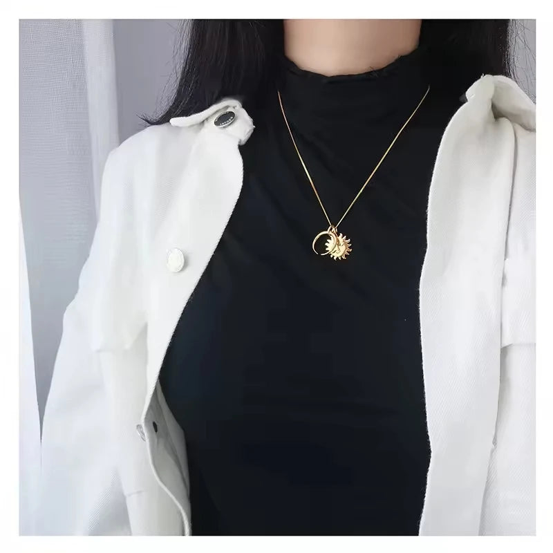 Fine Jewelry 925 Sterling Silver Gold Plated Sun and Moon Charm Necklace