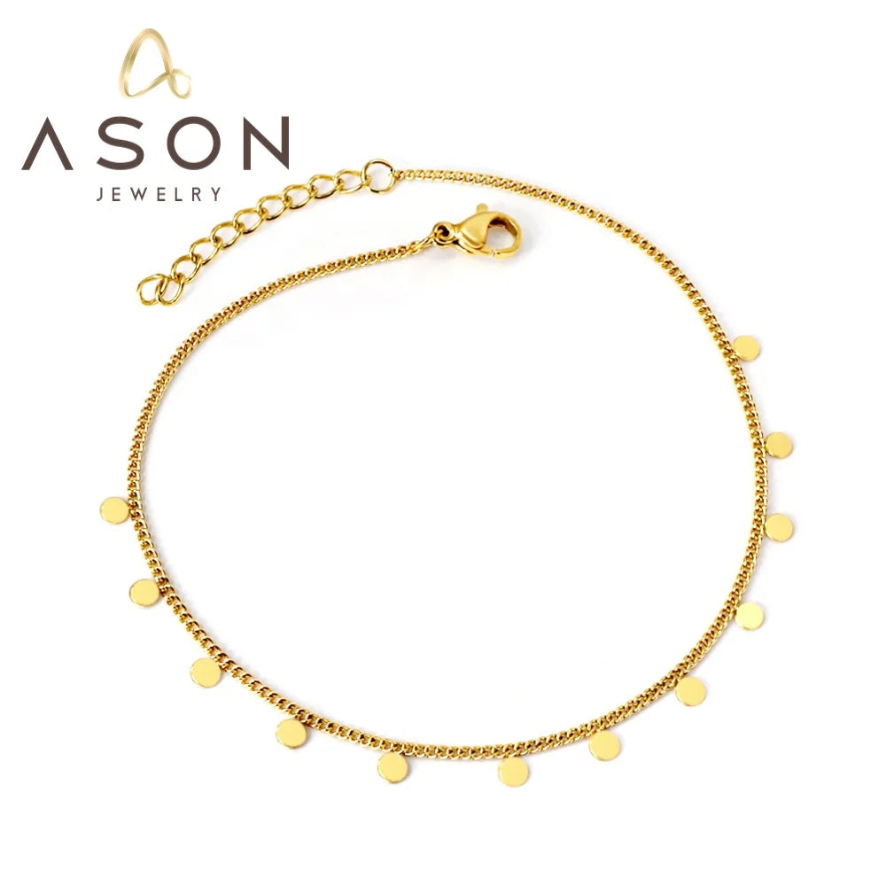 Ason Jewelry New Fashion Simple Style Stainless Steel Anklet Ladies 18k Gold Plated Round Pendant Anklet