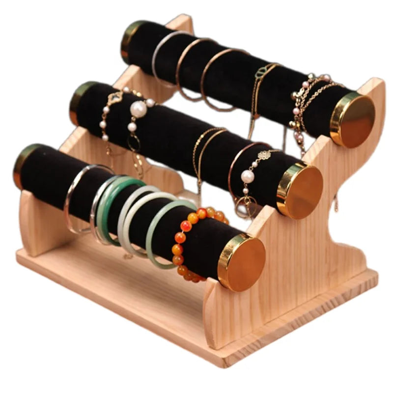 Luxury 5 Steps 8mm Round Beads Packable Bracelet Three Bars in Wooden Bamboo Jewelry Watch t 3 Tier Wood Display Stand for Shop