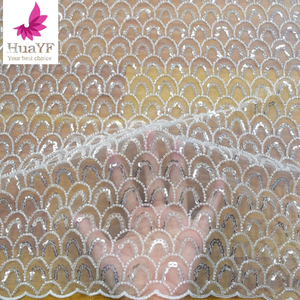 Hot Sale French White Wedding Bridal 3d Heavy Beaded Sequins Lace Dress Fabric for Show 5 Yards HY1337-3