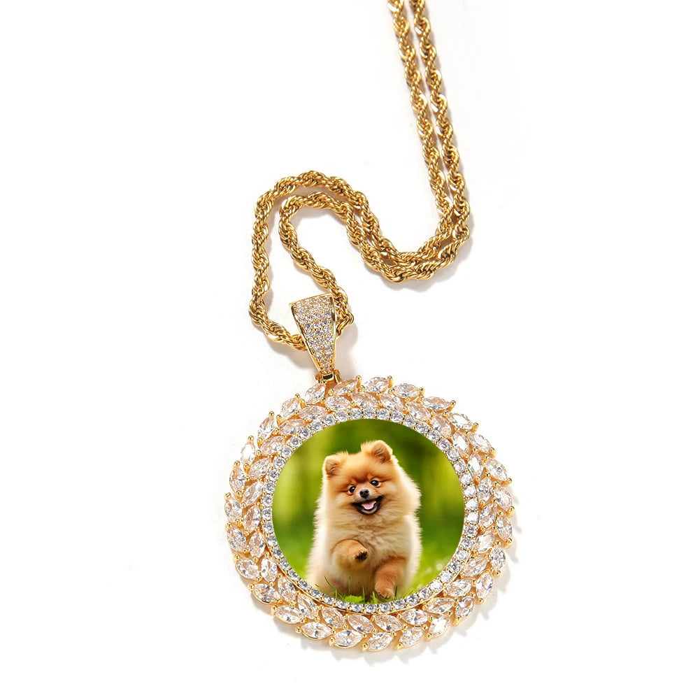 Wholesale Hip Hop Brass Memory Pendant Necklace Zircon Wheat Ear Leaf Photo Medallion Bling Charm with Rope Chain