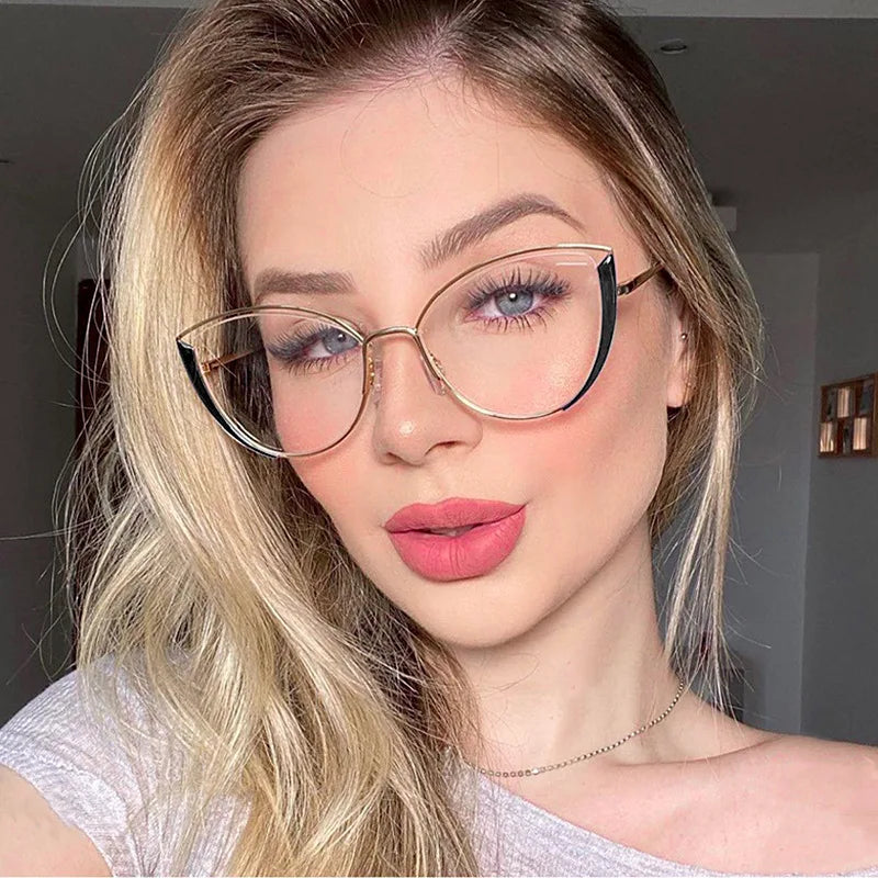 Hot Sell Stylish Metal Cat Eye  Eyeglasses Frame Women Blue Light Blocking Prescription Optical Glasses