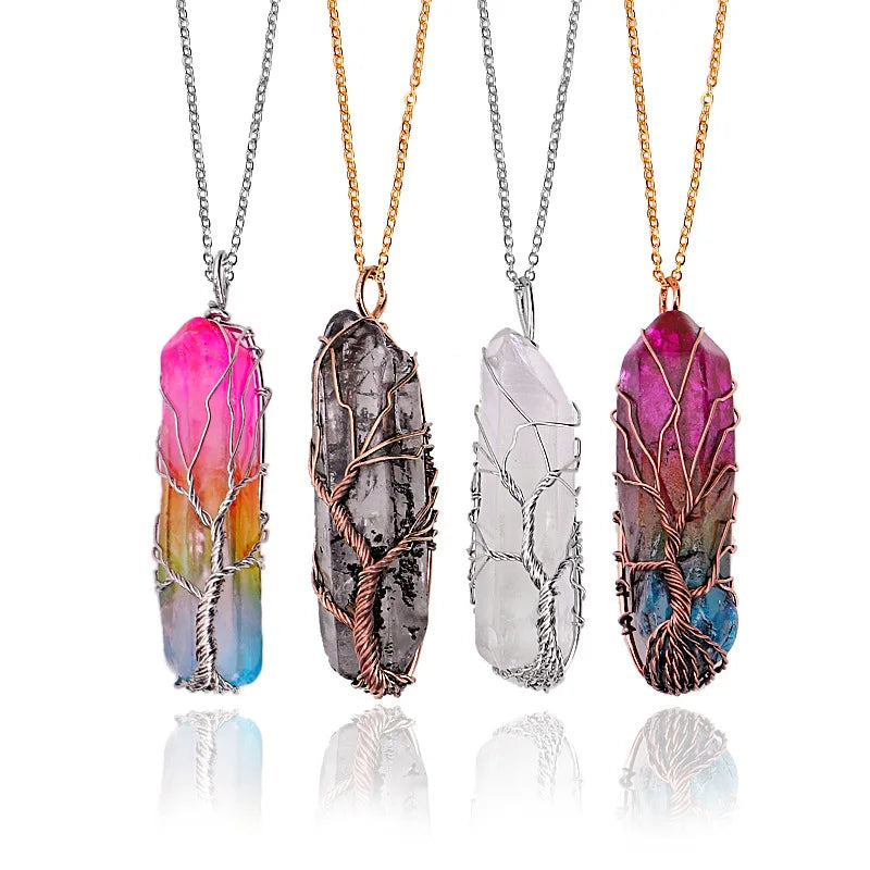 Handmade Irregular Amethyst Quartz Real Gem Natural Stone Tree of Life Pendant Necklace for Woman
