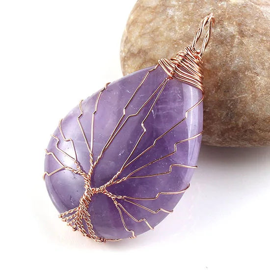 HZ New Arrival Fashion Natural Stone Jewelry Copper Wire Wrapped Tree of Life Healing Amethyst Pendant for Women Crystal Jewelry