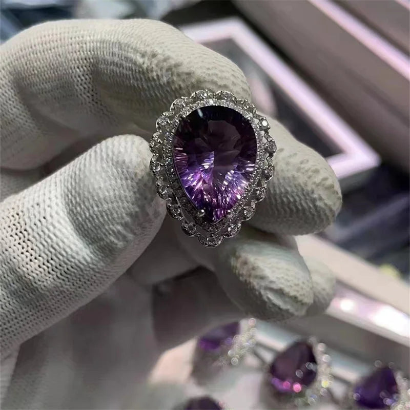 925 Silver Aura Light Gemstone Crystal Accessories Woman  Amethyst Ring