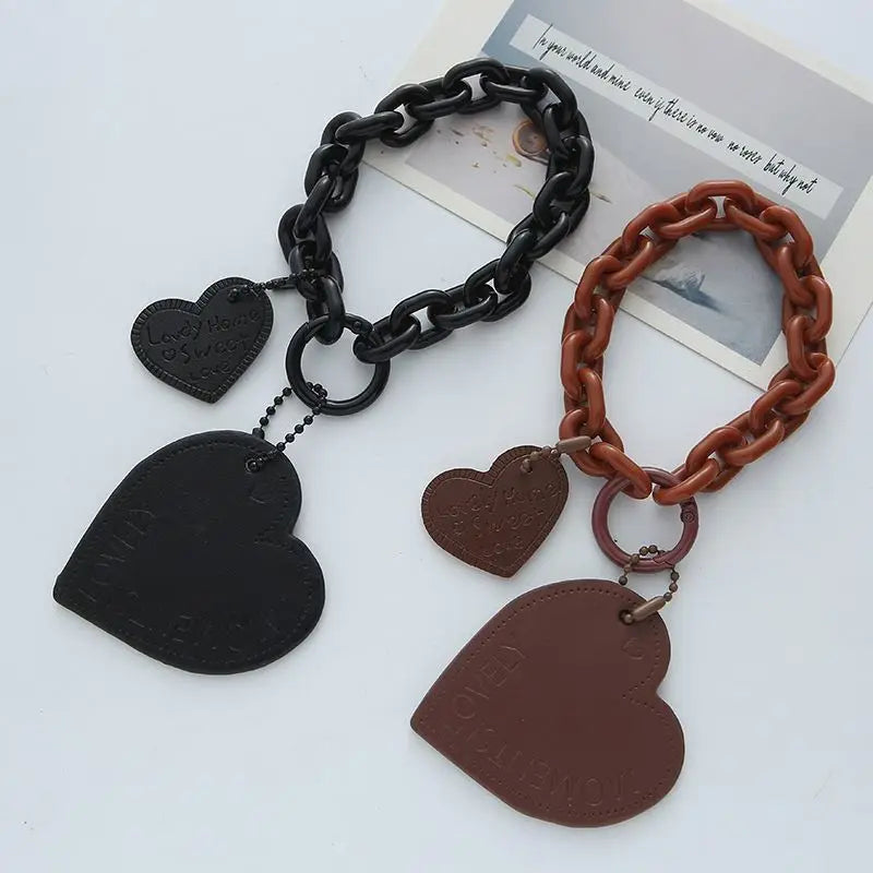 Handmade Leather Heart Keychain Acrylic Plastic Link Chain Key Ring for Women Girls Handbag Pendant Accessories Car Key Gifts