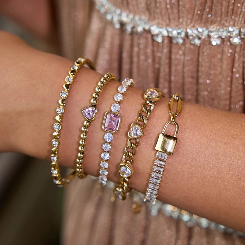 G4013 Wholesale Stainless Steel Non Tarnish Bling Zircon Tennis Chain Bracelet Stackable Cz Heart Bracelets Fashion Jewelry