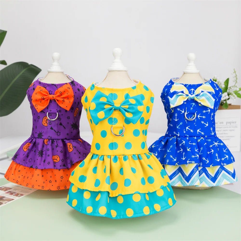 Small Dog Clothes Pet Apparel with Bow Tie and Leash Skirt Princess Dress Dog Dress with Leash Cotton  Fabric Pet Clothing