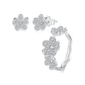 Fashion 925 Sterling Silver Zircon Crystal Four Leaf Clover Flower Stud Earrings and Ring Set Silver Jewelry Set