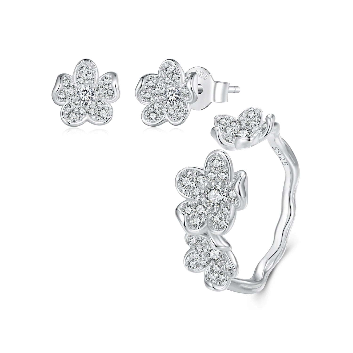 Fashion 925 Sterling Silver Zircon Crystal Four Leaf Clover Flower Stud Earrings and Ring Set Silver Jewelry Set