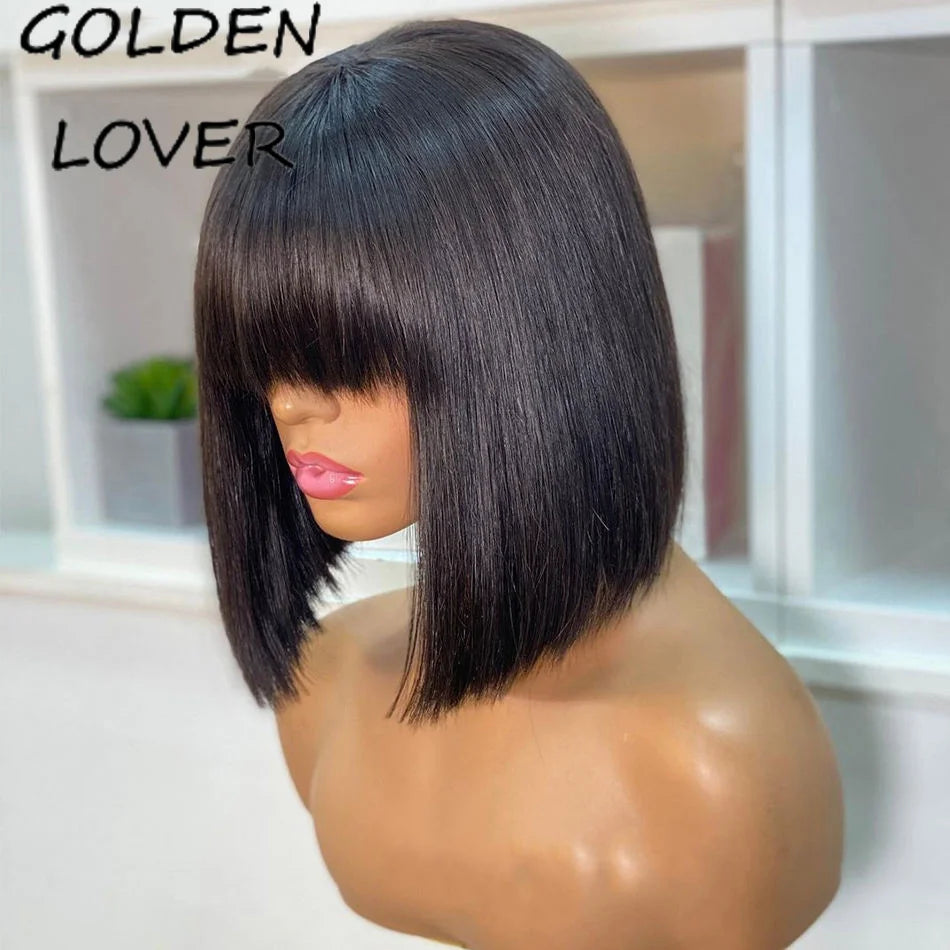 Straight Bob Wig With Bangs Bone Straight Human Hair Wigs for Women Human Hair No Lace Full Machine Made Wigs Fringe