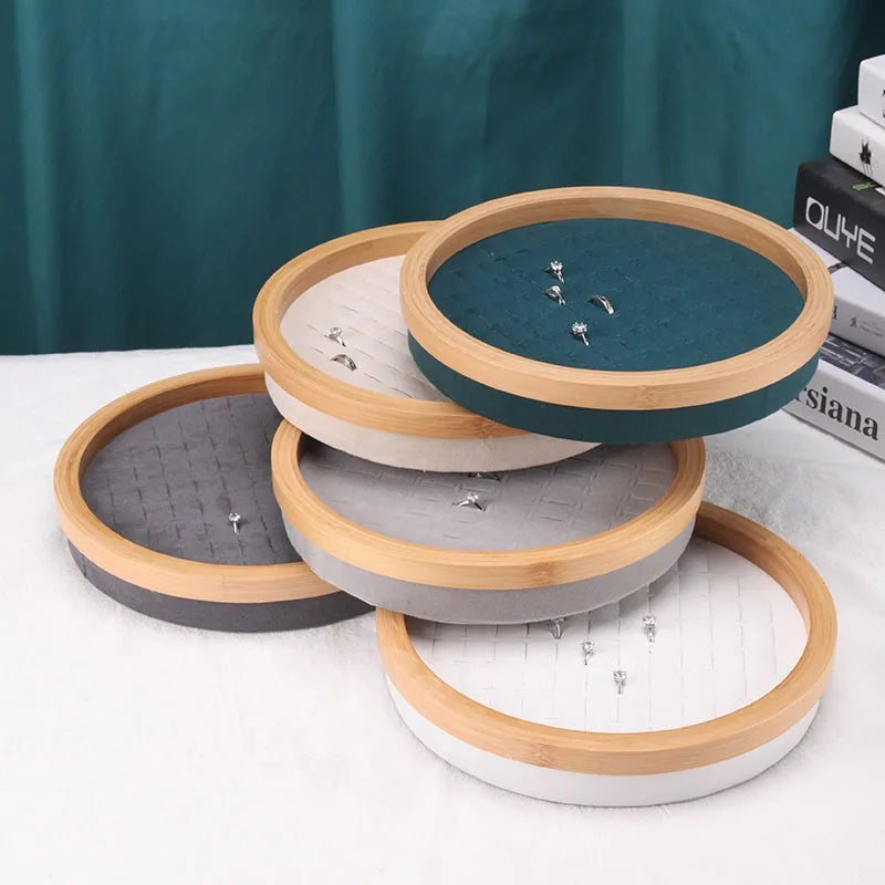 Small 25cm Round 80 Slots Bamboo Velvet Jewelry Rings Display Organizer Tray Holder