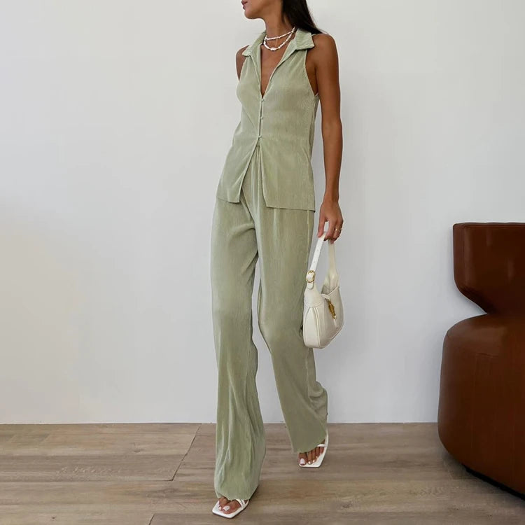 Casual Streetwear Women Ladies Vest Top and High Waist Pants Trouser 2 Piece Co Ord Matching Set Two Piece Women's Clothing Sets