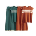 2025 New Fashion Casual Two-Piece Set Loose Contrast Striped Sleeveless Top & High Waist Wide Leg Pants for Autumn Knitting