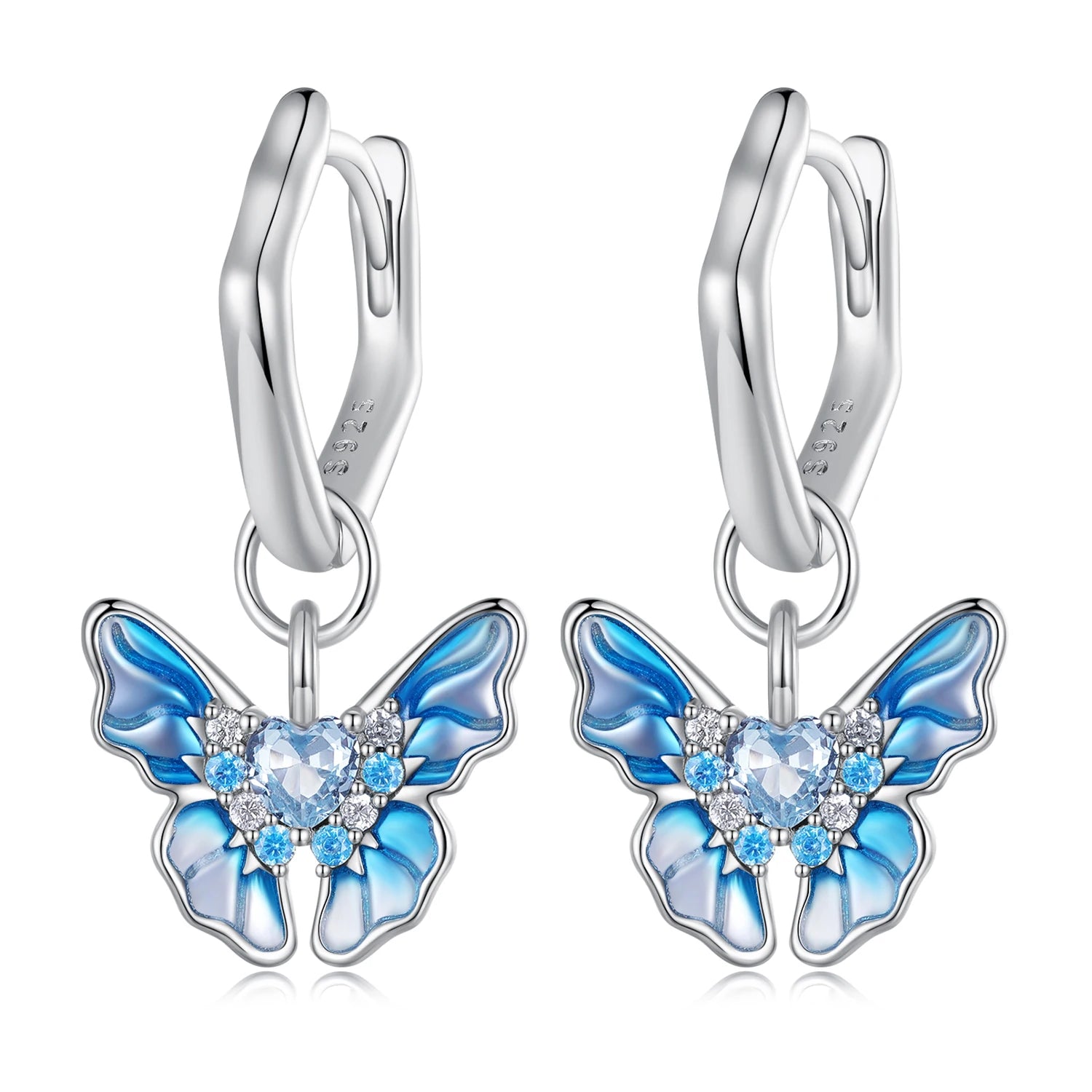 925 Sterling Silver Blue Butterfly Ear Buckles Heart Shape Hoop Earrings with Pave CZ Fine Jewelry for Women Gift-BSE845