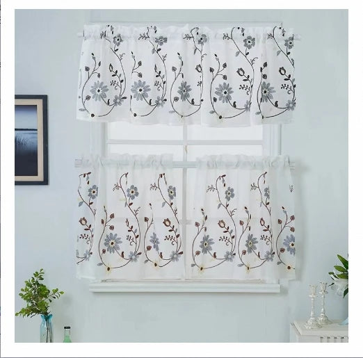 Wholesale Farmhouse Embroidery Floral 3 Piece Kitchen Cafe Short Curtains Sets Short Windows Flower Short Curtains for Kitchen/