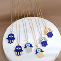 Bohemian Style Rhinestone Crystal Fatima Hand Necklace Blue Enamel Evil Eyes Hamsa Pendant Girls Trendy Link Christian Necklace