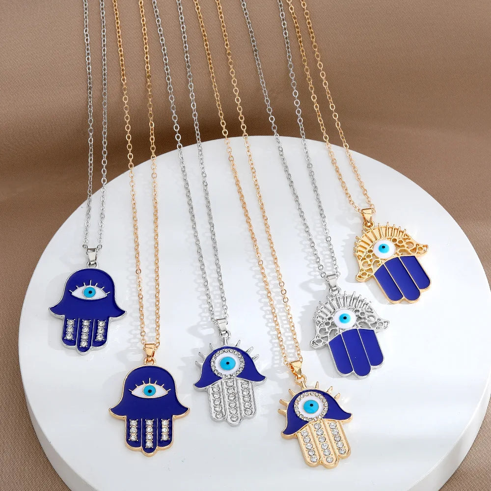 Bohemian Style Rhinestone Crystal Fatima Hand Necklace Blue Enamel Evil Eyes Hamsa Pendant Girls Trendy Link Christian Necklace