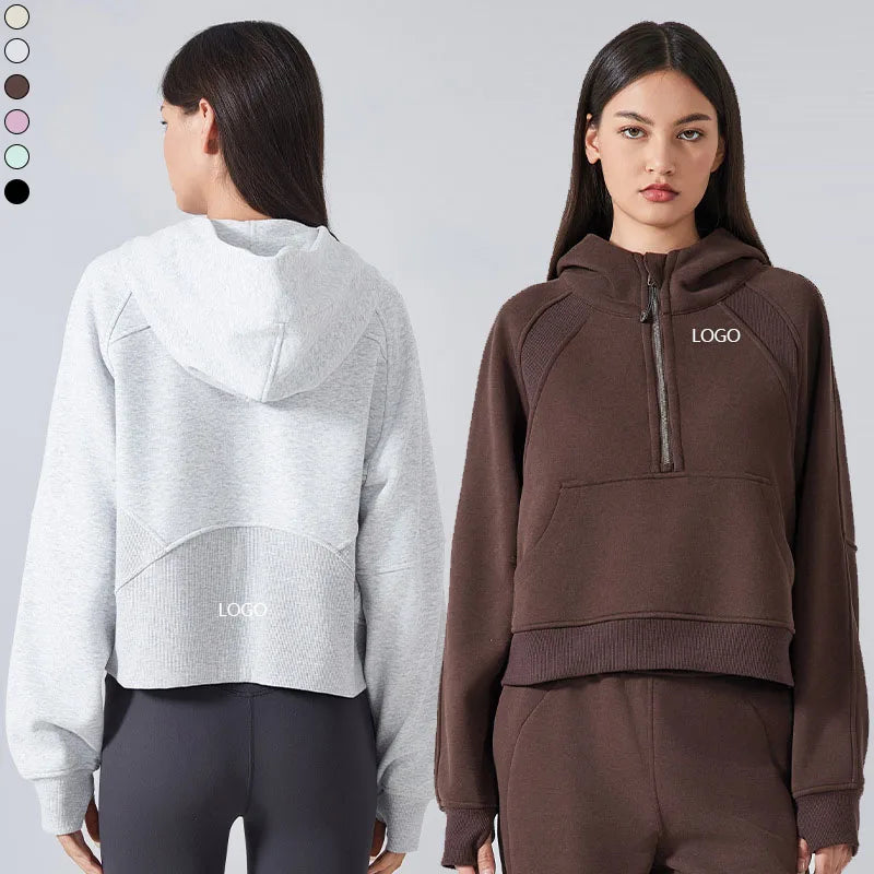 XW-DAW139 Pocket Half Zip Gym Fitness Hoodie High Neck Hood Strength Training Sportswear Thumbhole Yoga Hoodie
