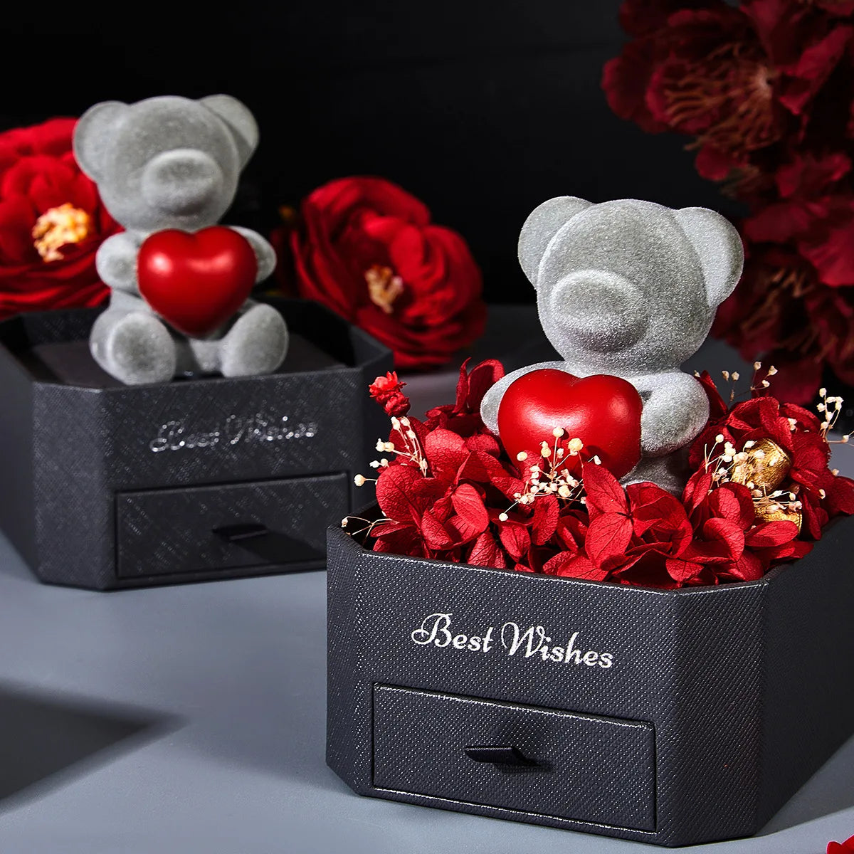 Preserved Flower Jewelry Box High-end Heart-shaped Hug Bear Gift Box Valentine's Day Jewelry Box Artificial Flower
