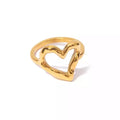 Waterproof 18k Gold Plated Stainless Steel Jewelry Hammer Pattern Hollow Heart Rings for Women