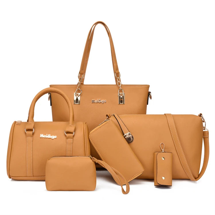 Hot Sale Pu Leather Office Vintage Women Hand Bags 6 Pcs Handbags Set