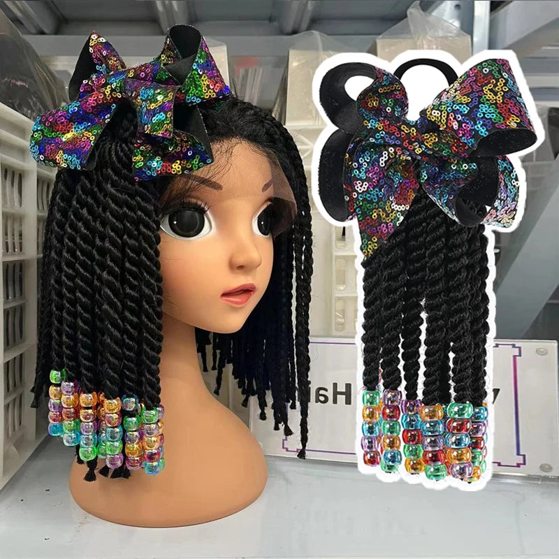 Fujia Braided Ponytail with Beads and Bow Kids  Hair Accessories Hair Extension Ponytail for Black Girl
