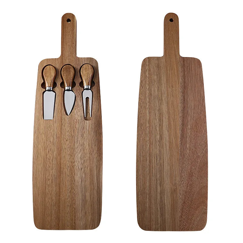 2025 New Design Custom Engrave Logo Wood Chopping Board Natural Long Acacia Cheese Board Utensil Sets for Home Party