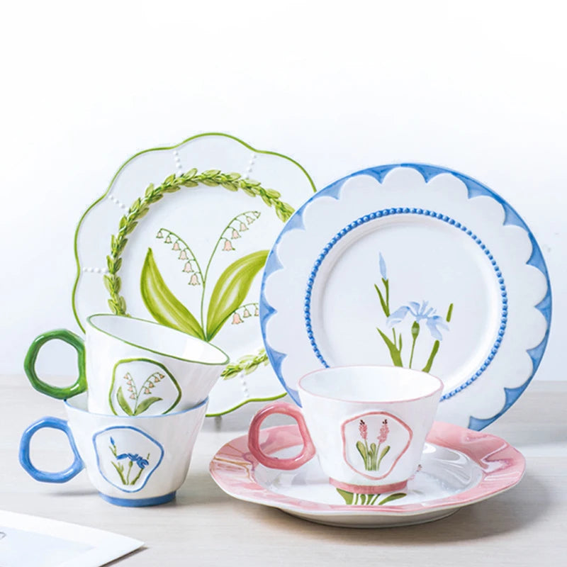 Austin Collection Chinese Refreshing Hand-painted Underglaze Color Ceramic Plate Cup Lily of the Valley Iris