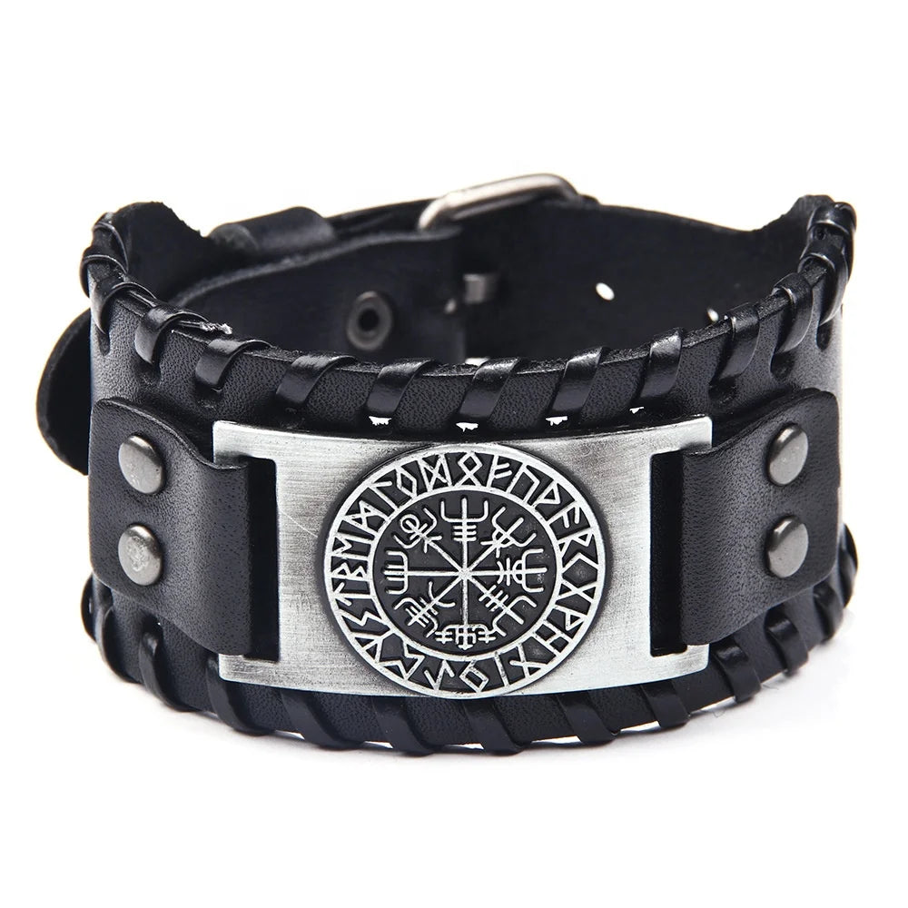 MECYLIFE Nordic Jewelry Vegvisir Compass Runes Viking Bracelet Leather Mens Leather Cuff Bracelet