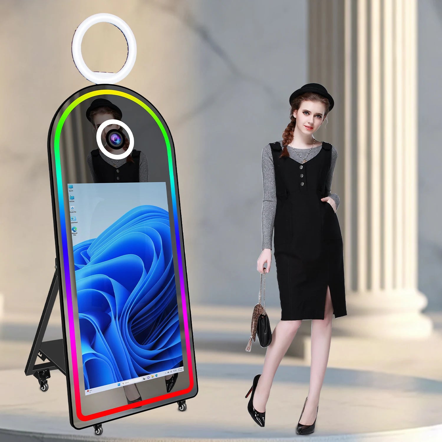 43-Inch Touch Screen Arch Mirror Photo Booth Compatible With Camera and Printer Smart Magic Photobooth Machine Selfie for Events