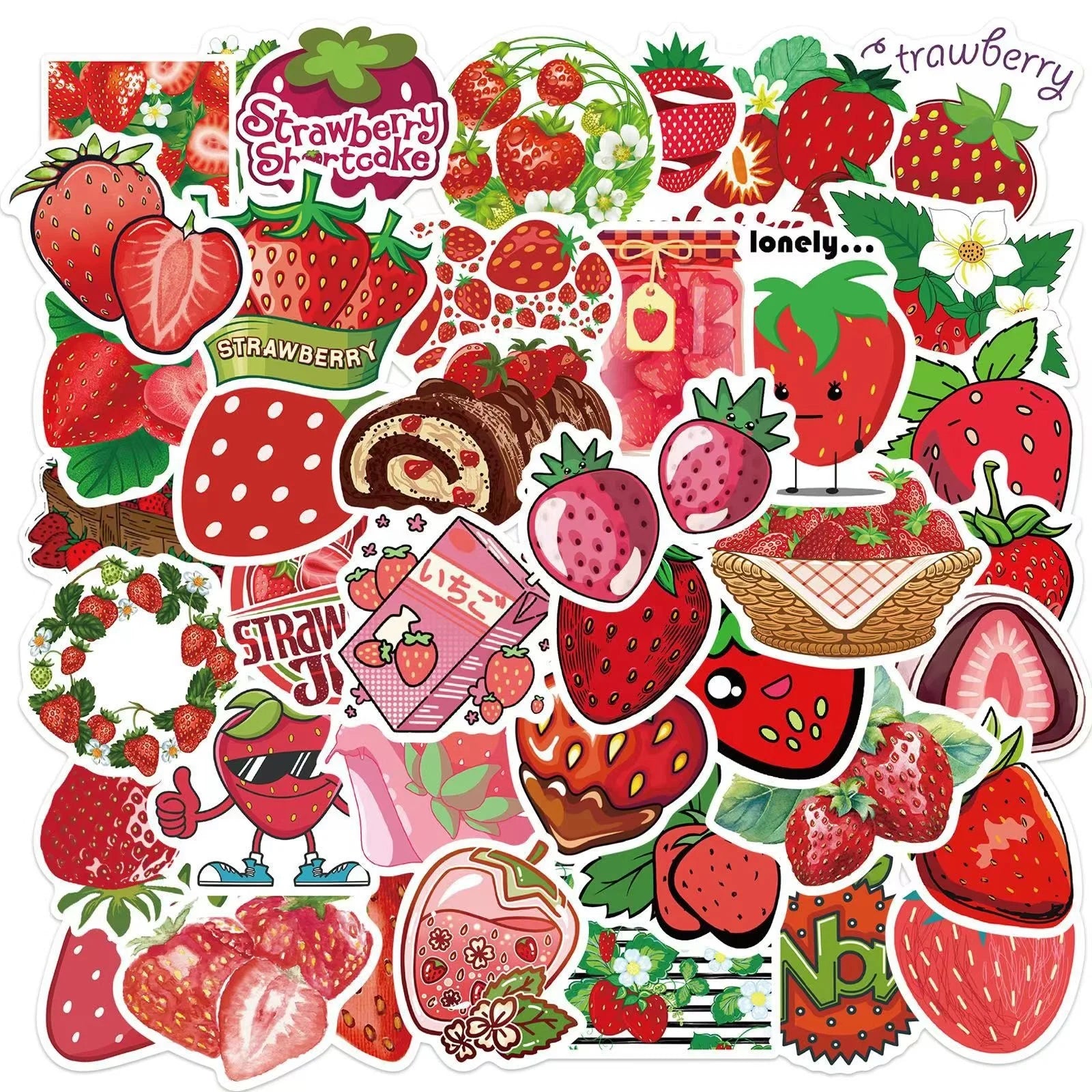 50PCS Strawberry Fruit Sticker for Laptop Skateboard Suitcase Scrapbook Cup Bottle Decoration
