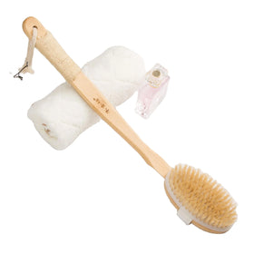 Private Label Silicone Body Brush with Bamboo Handle Natural Bristle Dry Brush for Bath and Back Rubbing Massage
