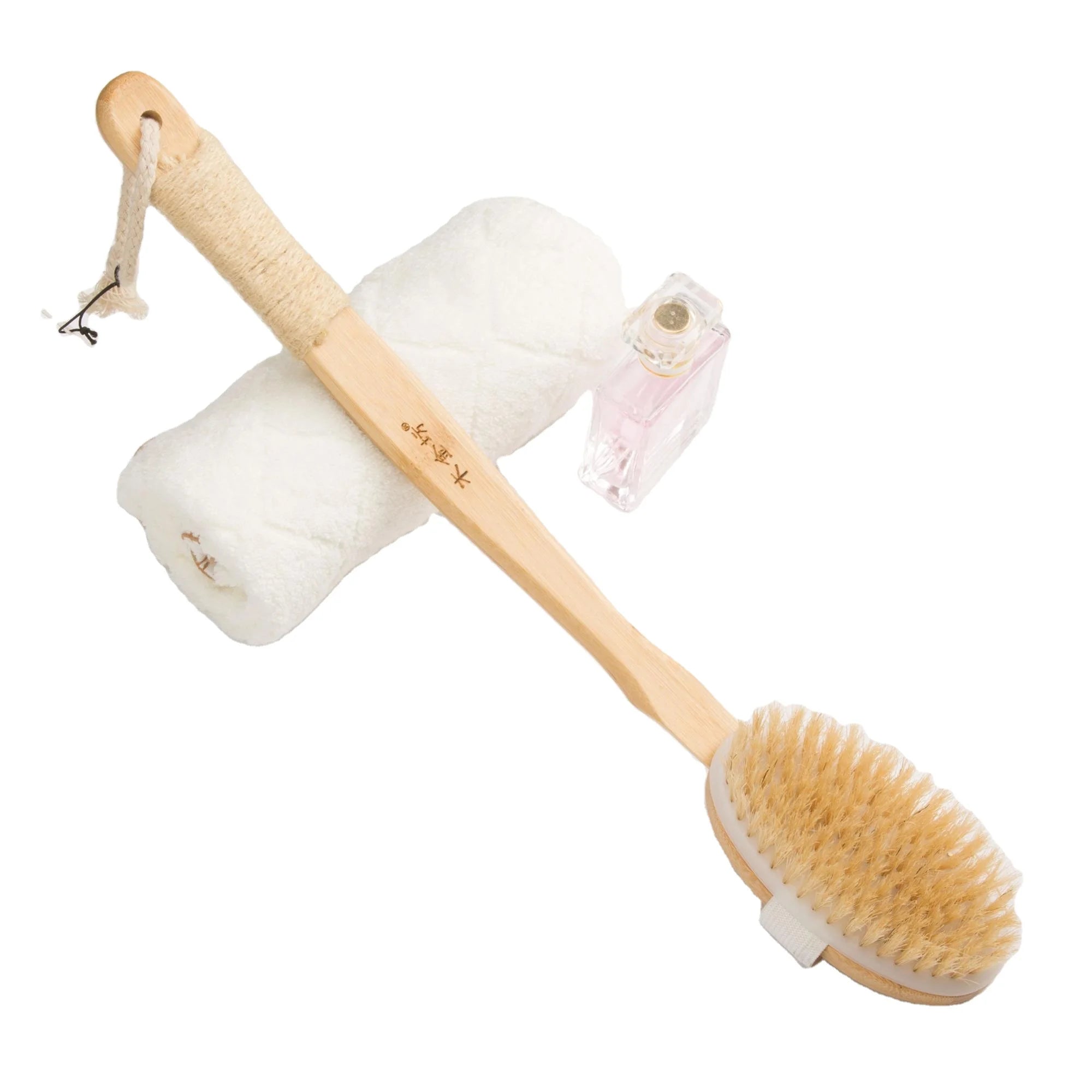 Private Label Silicone Body Brush with Bamboo Handle Natural Bristle Dry Brush for Bath and Back Rubbing Massage