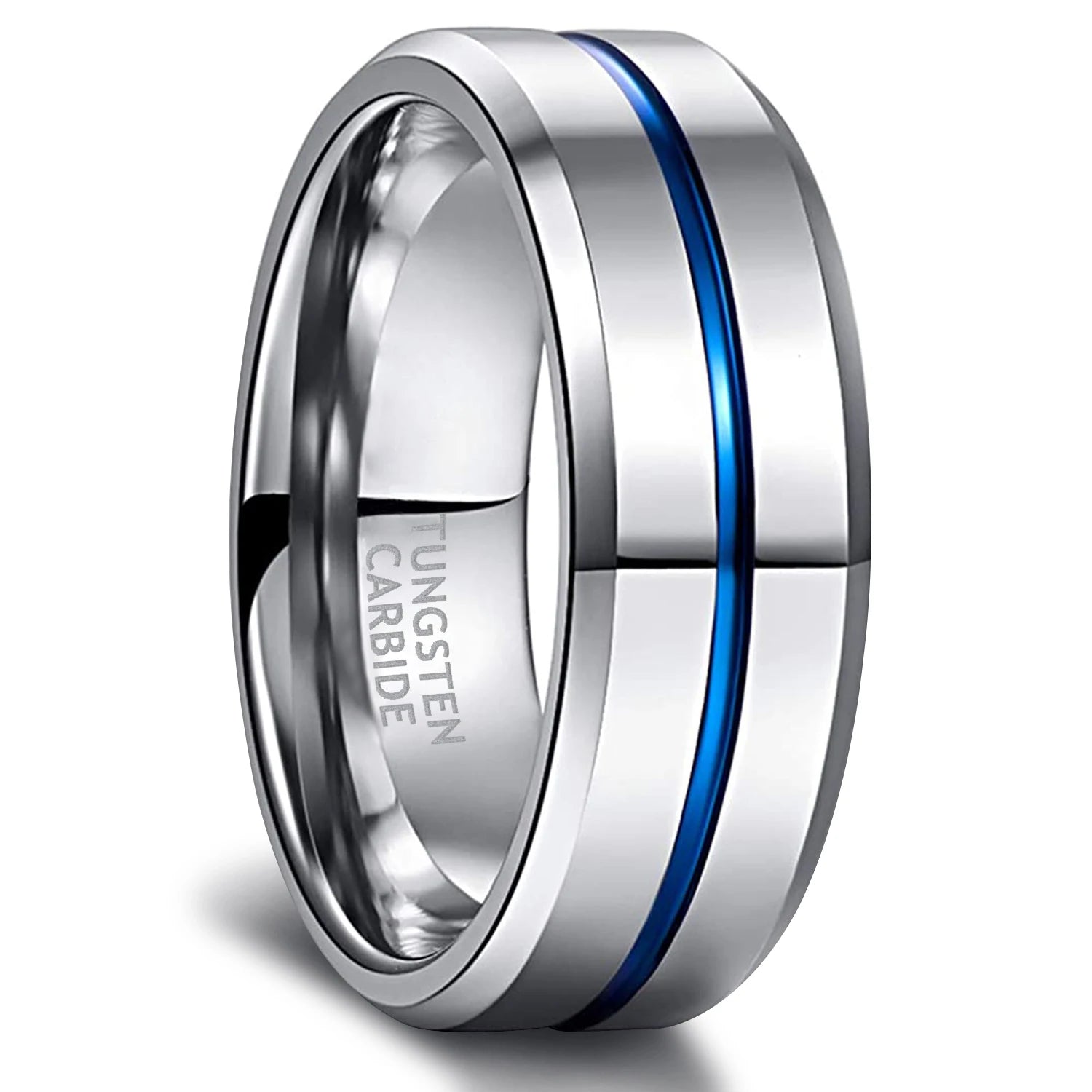 OAHLAN Tungsten Carbide Rings 8mm High Polished Blue Line Grooved Anti Rust for Wedding Engagement Anniversary Gift Jewelry