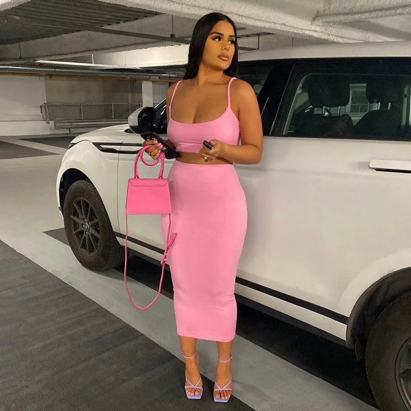 Two Piece Skirt Set Women Soild Color Pink Sling Cami Midi Skirt 2 Piece Skirt Set Women
