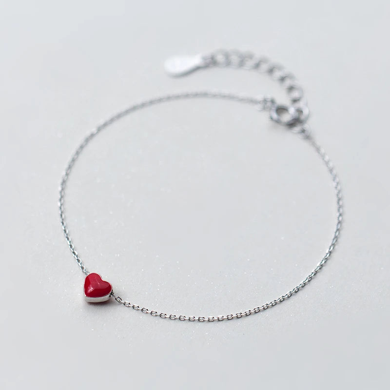Small Red Love Heart Shape 925 Sterling Silver Charm Bracelets Fashion Jewelry for Women