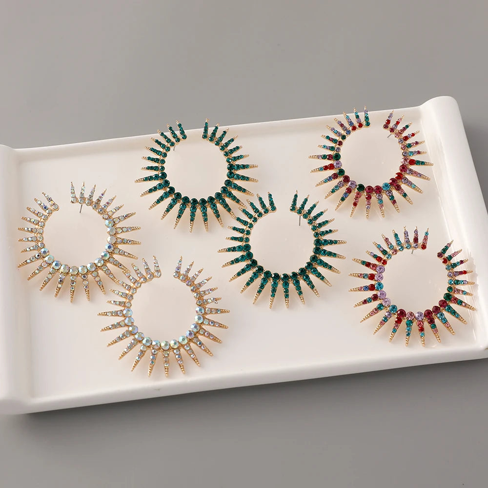 Retro Jewelry Rhinestone Round Sunflower Stud Earrings Crystal Diamond Geometric Round Earrings for Lady