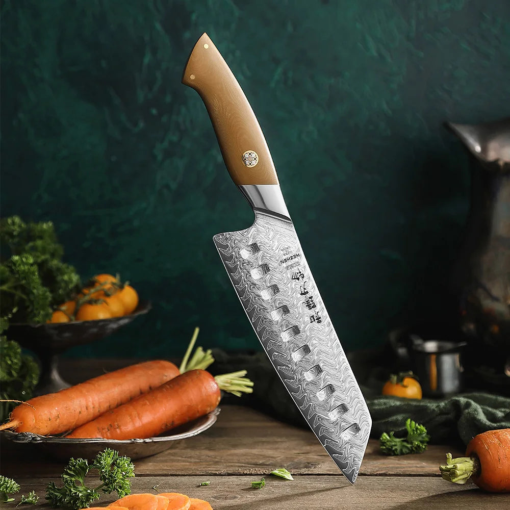 HEZHEN New Damascus Steel Santoku Knife Durable Linen Micarta Handle Professional Kitchen Slicing Chef Knives