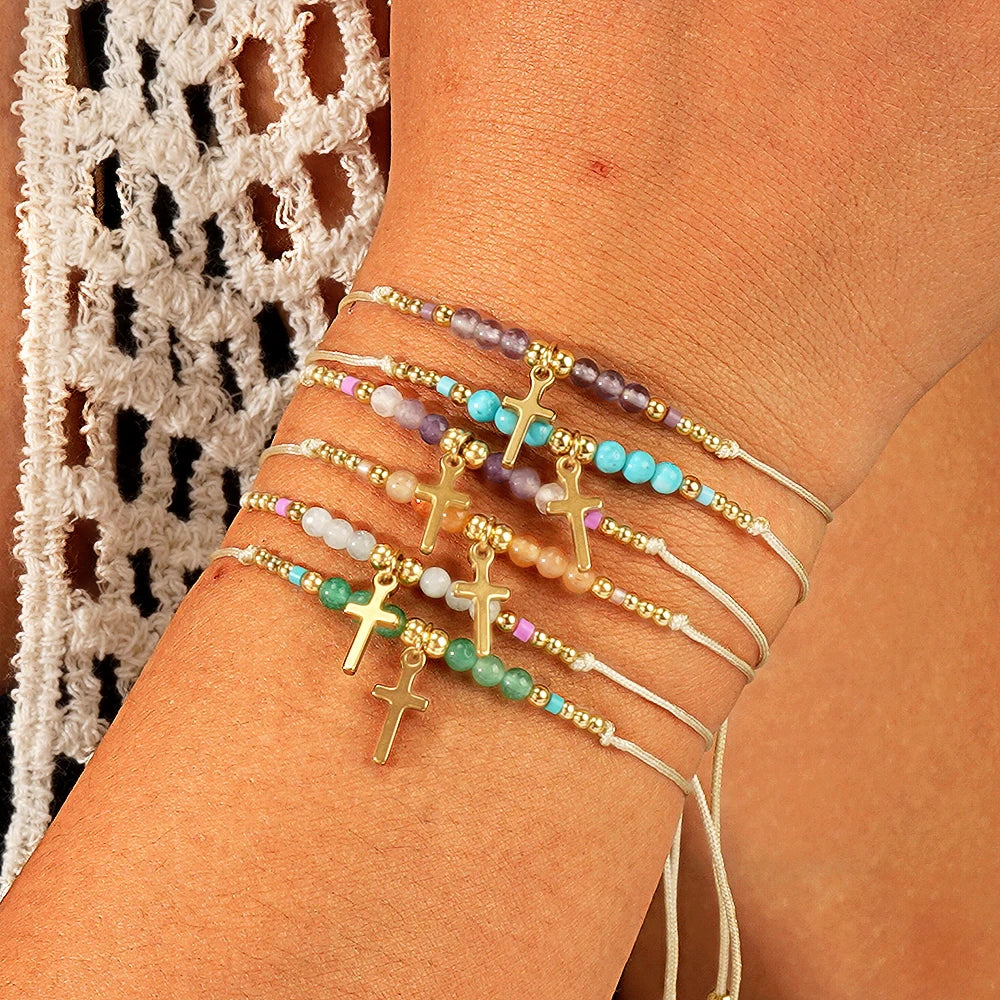 Go2boho Unisex Stainless Steel Cross Bracelet Natural Stone Beads Adjustable Bohemian Fashion Jewelry Lucky Beaded Christians