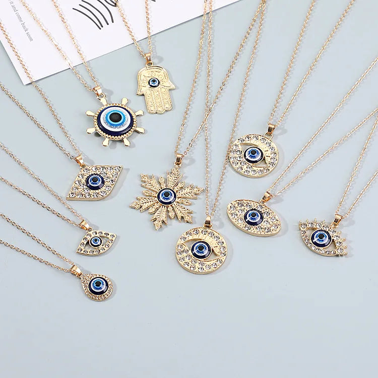 Tik Tok Popular Vintage Sweater Chain Clavicle Chain Gold Plated Zircon Blue Eye Pendant Necklace for Women