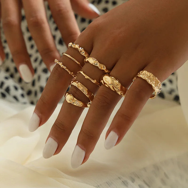 9pcs/bag Irregular Metal Texture Ring Jewelry Women Customization Combination Rings Sets