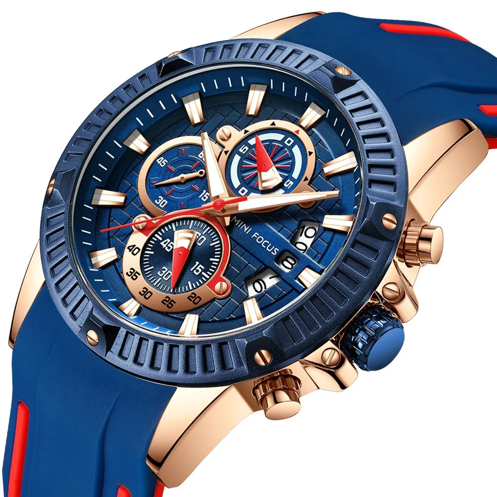 MINI FOCUS 0244 Watch Men Waterproof Watch Multi Function Rubber Top New Luxury Design Chronograph Date Quartz MINI FOCUS