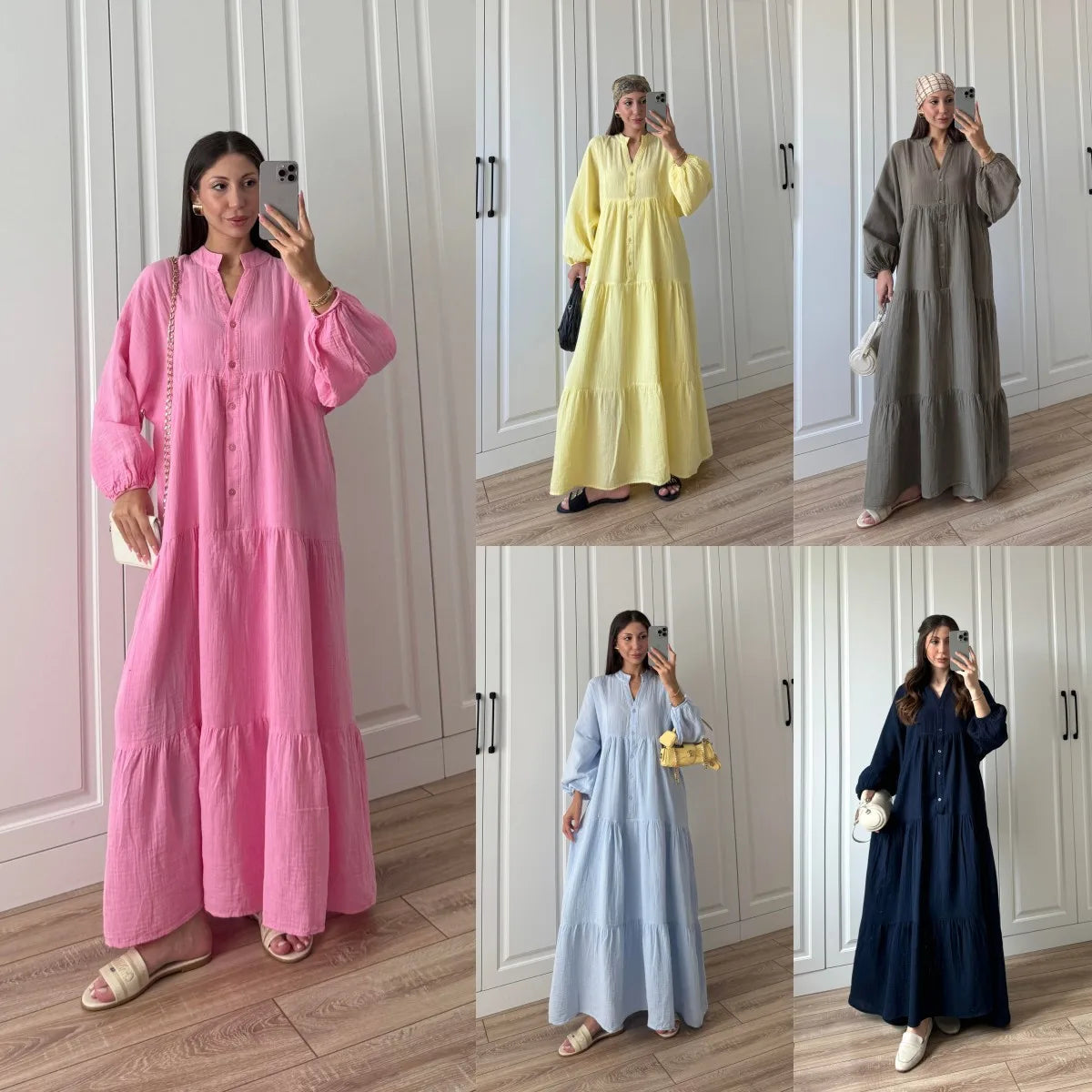 Hot Selling Solid Color Muslim Women Long Sleeve Dress Maxi Malaysian Ladies Elegant Modest Dresses