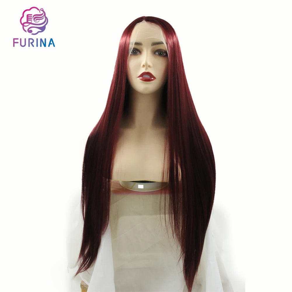 Fashion Furina Beauty 26Inch Long Synthetic Lace Front Wigs Natural Style High Quality Red Silky Straight Middle Part Frontal